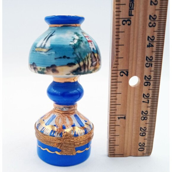 Vintage Limoges Trinket Box Table Lamp Sailboat Porcelain 90s France Signed Flaw - Picture 2 of 16